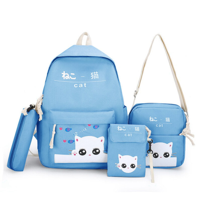 Рюкзак девочки с котиком + пенал + сумочка + чехол Snoburg голубой