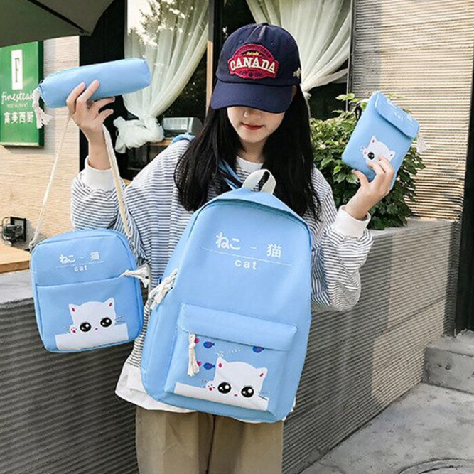 Рюкзак девочки с котиком + пенал + сумочка + чехол Snoburg голубой