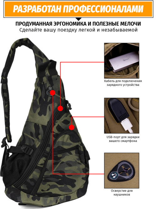 Однолямочный рюкзак Snoburg 5908 черный камуфляж