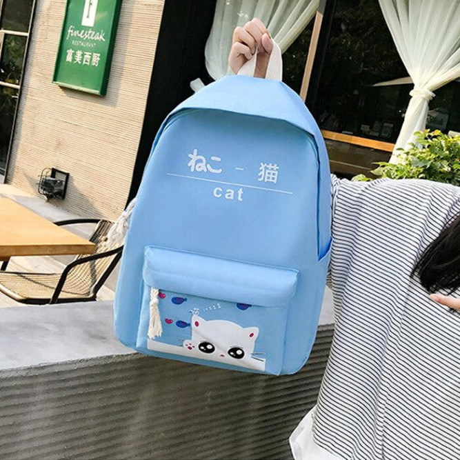 Рюкзак девочки с котиком + пенал + сумочка + чехол Snoburg бирюзовый