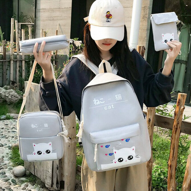 Рюкзак девочки с котиком + пенал + сумочка + чехол Snoburg бирюзовый