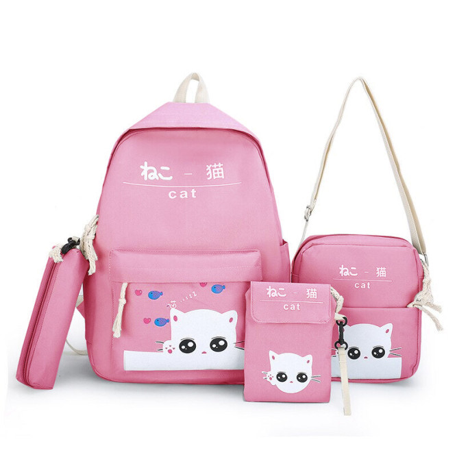 Рюкзак девочки с котиком + пенал + сумочка + чехол Snoburg розовый