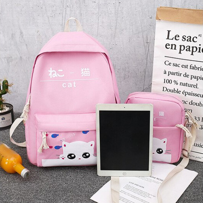 Рюкзак девочки с котиком + пенал + сумочка + чехол Snoburg розовый