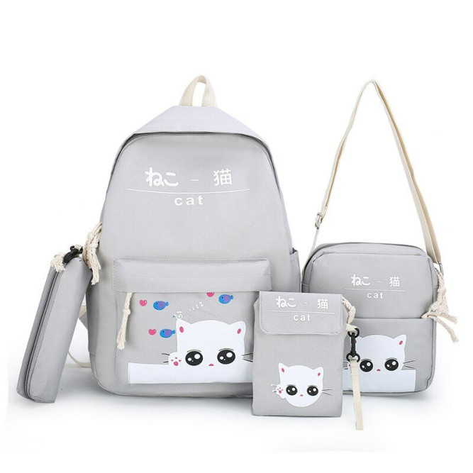 Рюкзак девочки с котиком + пенал + сумочка + чехол Snoburg серый