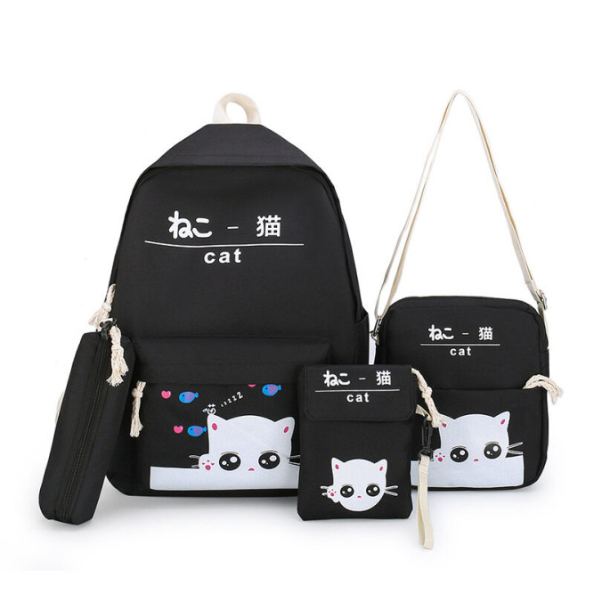 Рюкзак девочки с котиком + пенал + сумочка + чехол Snoburg черный