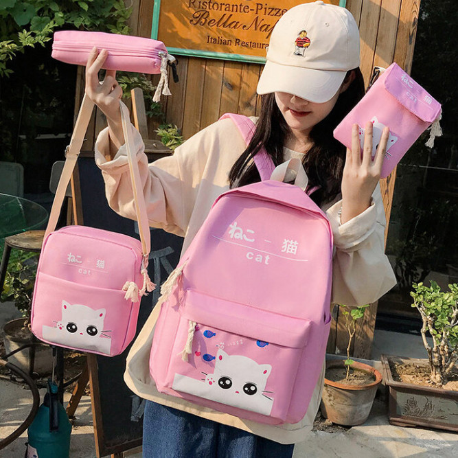 Рюкзак девочки с котиком + пенал + сумочка + чехол Snoburg черный