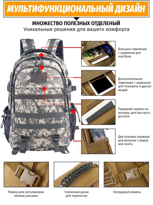 Тактический рюкзак Snoburg Heroes серый камуфляж пиксель